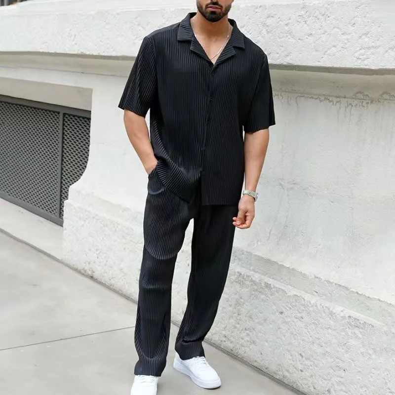 New Men's Commuter Set, Casual Button-Up Short Sleeve Shirt & Long Pants, Trendy Two-Piece Outfit for Men - Image 3