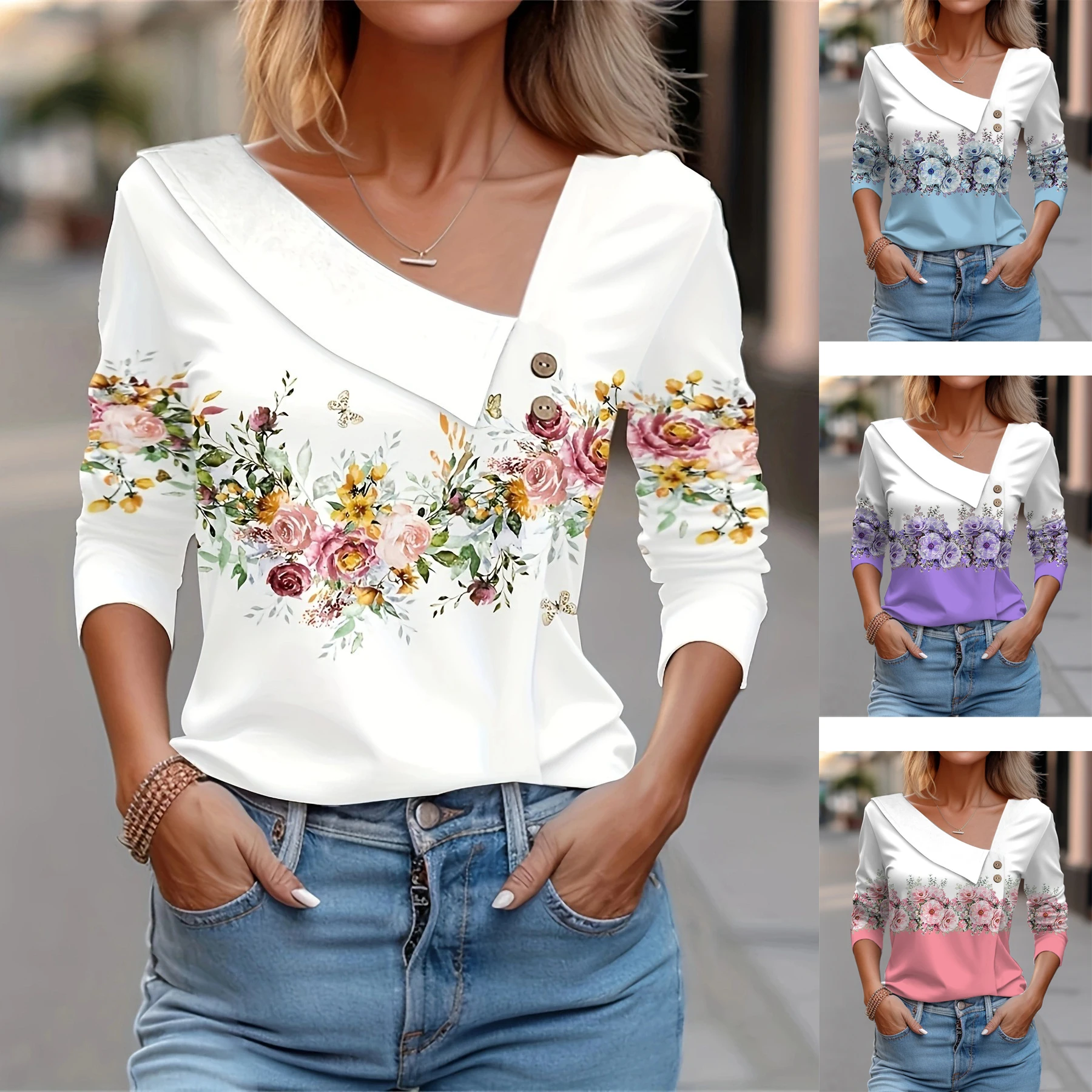 Pink Floral Print Graphic T Shirt For Women 2024 Spring Autumn Casual V-neck Long Sleeve T-shirt Female Top Tees