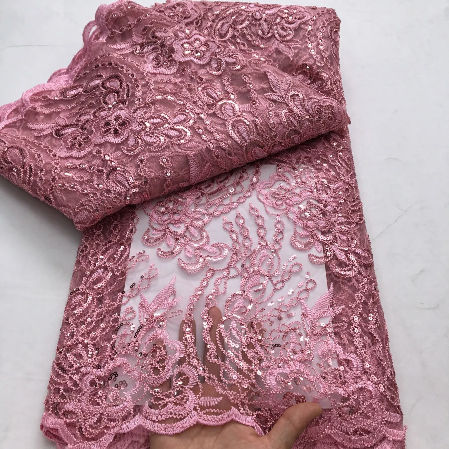 

Pink African Mesh Tulle Lace Fabric 2025 High Quality 5 Yards Embroidered Luxury Net Nigerian Sequined Lace Fabric Dress A4374