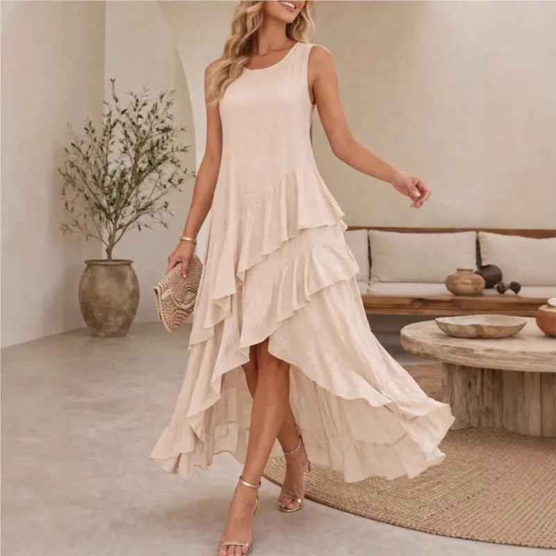 

Fashion Irregular Ruffled Tank Dress Women's Summer Solid Round Neck Sleeveless Versatile Elegant Boho Beach Holiday Maxi Dress