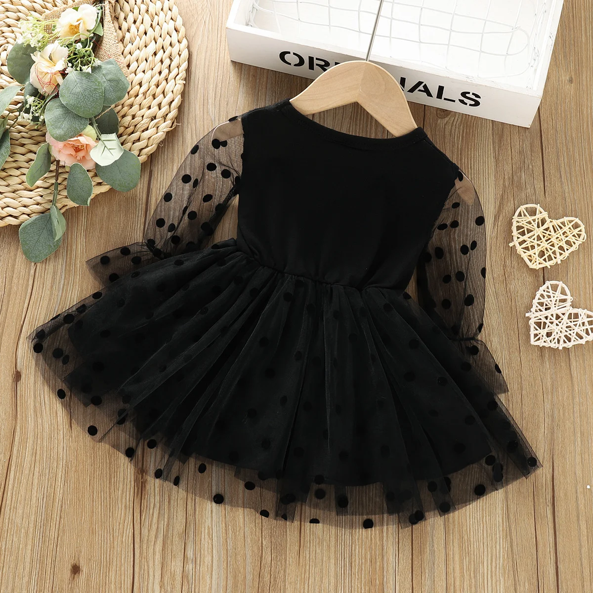 New Girls Dress Spring Polka Dot Mesh Stitching Long Sleeve Princess Dresses Autumn Black Little Girl Costume