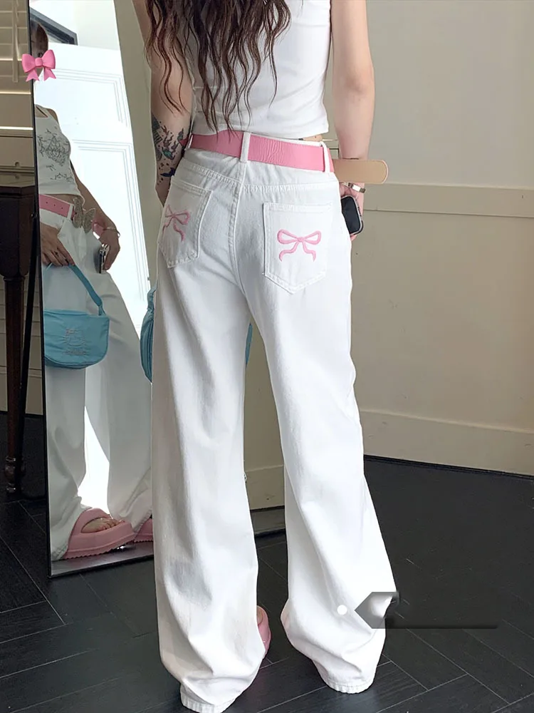 

Korean Chic Spring New Niche Versatile Embroidery Pink Bow Wide Leg Jeans Long Pants for Women 2024 Trousers