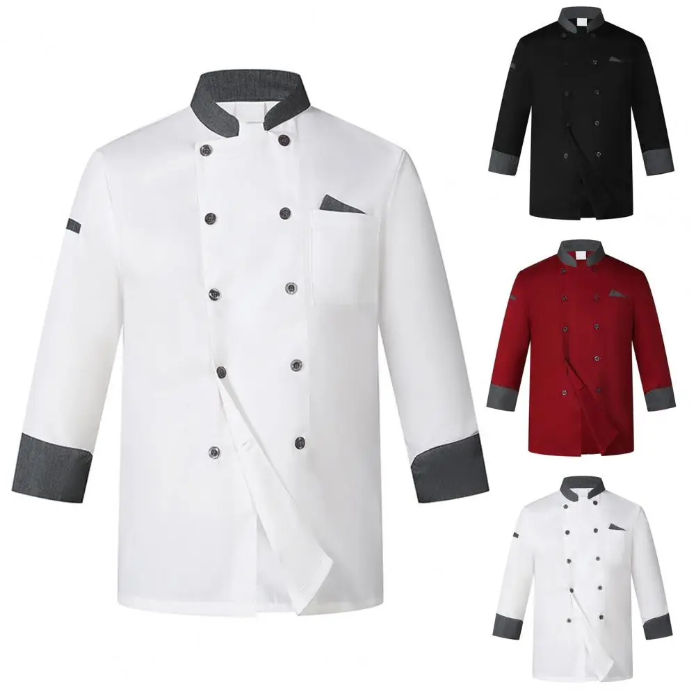 Solid Color Chef Jacket Professional Double-breasted Chef Jacket with Stand Collar Pocket Design Long Sleeve for Restaurant