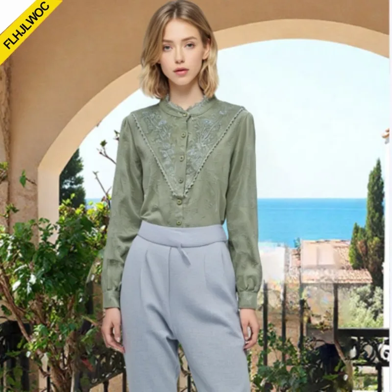 

Stand Collar Retro Vintage Tops Blouses New Design Women Office Lady Spring Autumn Basics Button Ruffles Lace Shirts