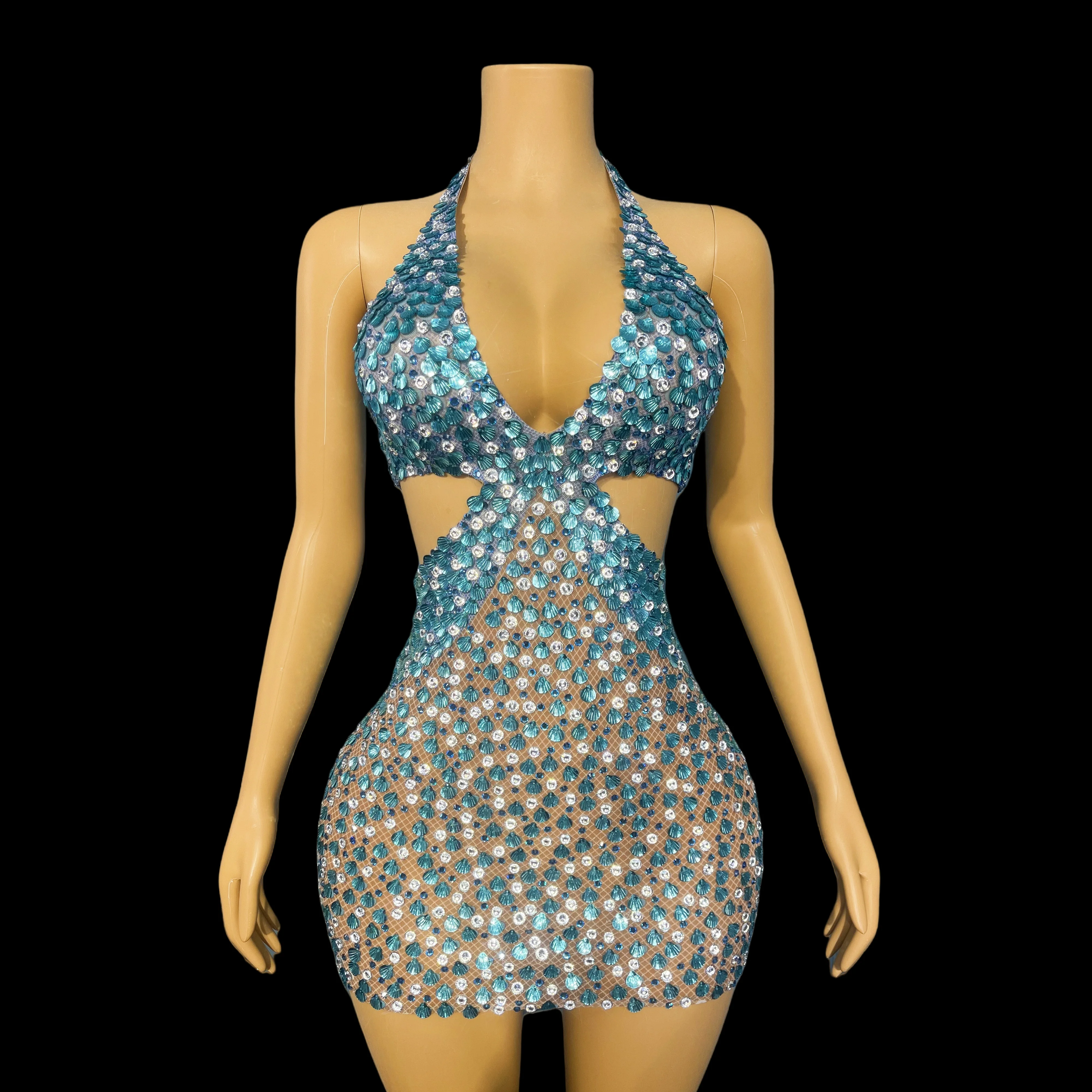 

Blue Sexy Halterneck Open Back Shell Sequin Rhinestone Dress Evening Dress Birthday Celebration Dress Stage attire Beiduofen