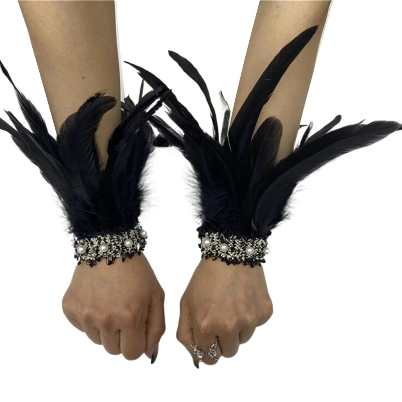 Decorative Feather Wristband for Woman Girls Elastic Feather Wrist Cuffs Shirt Wristband Goth Coat Costume Sewing Cuffs