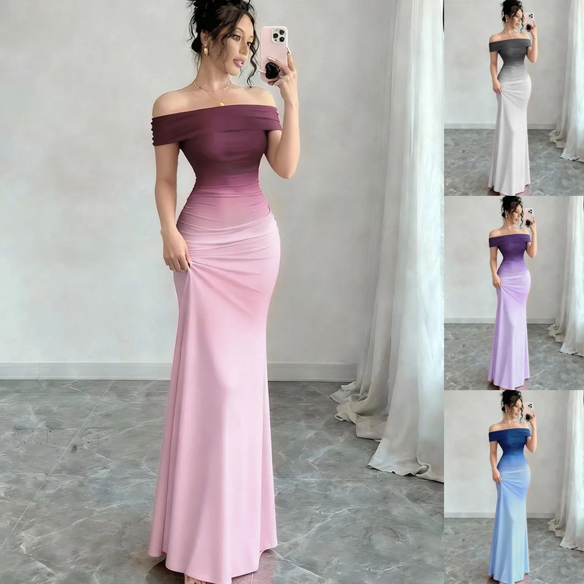 Prom Dress Evening Party Luxury Party Dresses Off Shoulder Long Maxi Dress Ruched Waist Floor Length Dress Slim Fit