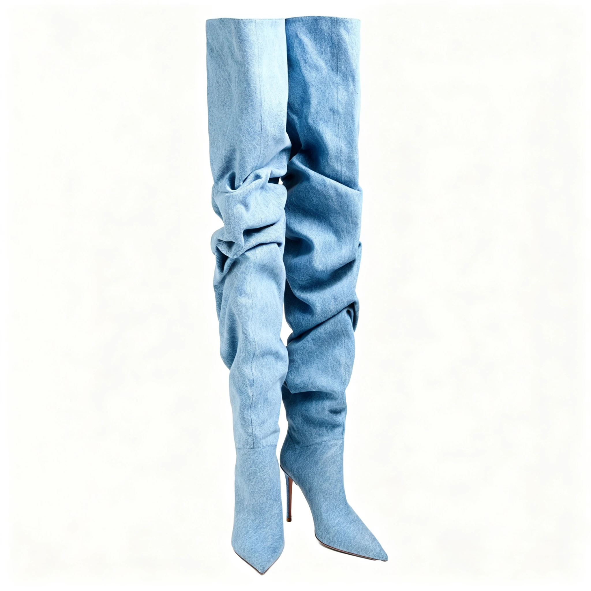 New Autumn/Winter Women's Light Blue Denim Slouch Pleated Over The Knee High Boots Pointed Toe Stiletto Heel Thigh-High Boots