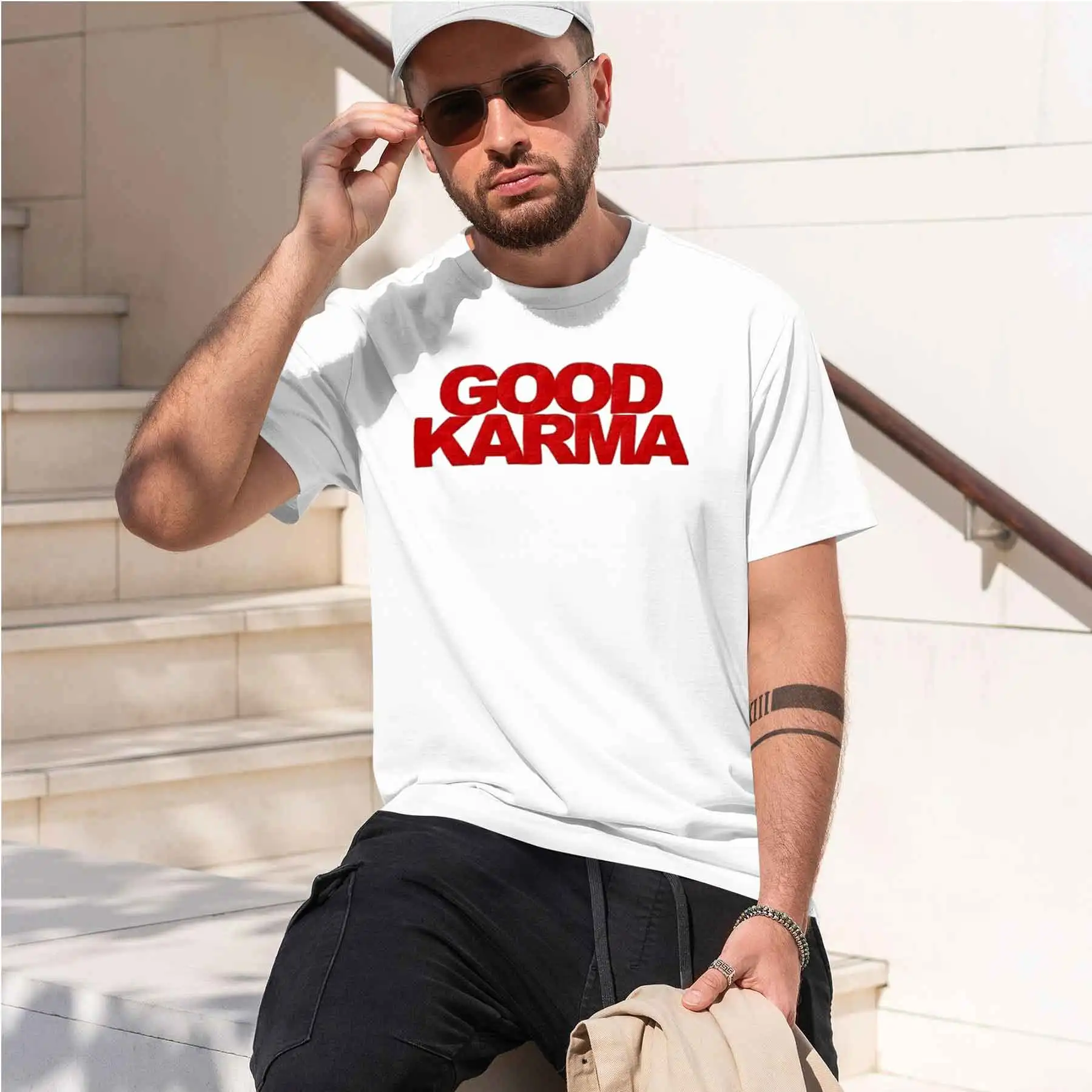 2026 new printed T-shirt Men's Good Karma Print Crew Neck T-shirt Casual Breathable Short Sleeve Top For Daily Wear