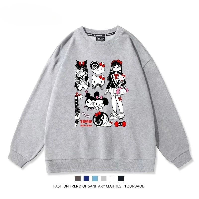 Miniso Hello Kitty Junji Ito Tomie Sweatshirt Cute Cartoon Printing Round Neck Long Sleeves Spring Style Fashion Couples Dress