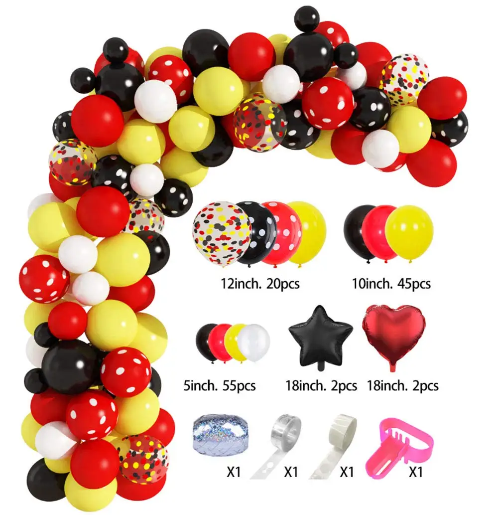 129 pcs Cartoon Mouse Balloon Arch Set, Black Red  Foil Stars Confetti Balloons for Kids Birthday Party Supplies Decorations