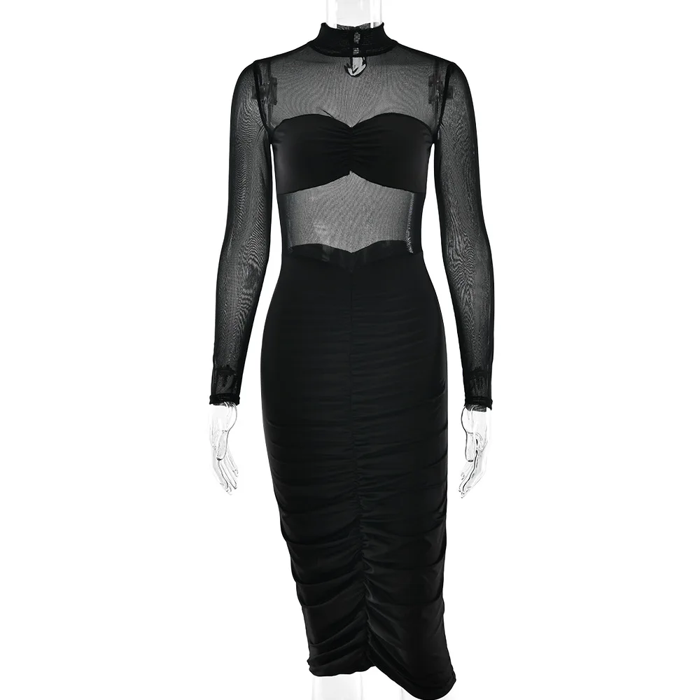 2023 Lente Patchwork Coltrui Sheer Mesh Vrouwen Maxi Jurk Lange Mouw Avondjurk Femme Fall Skinny Elegant Party Clubwear