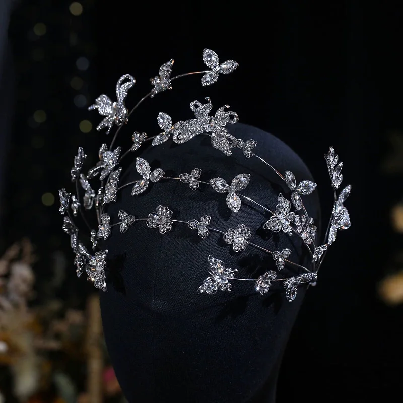 فاخر متعدد الطبقات فلاش الراين فستان الزفاف الزفاف تاج الشعر الراقية الشعر هوب فراشة زهرة الزفاف أغطية الرأس الوصول