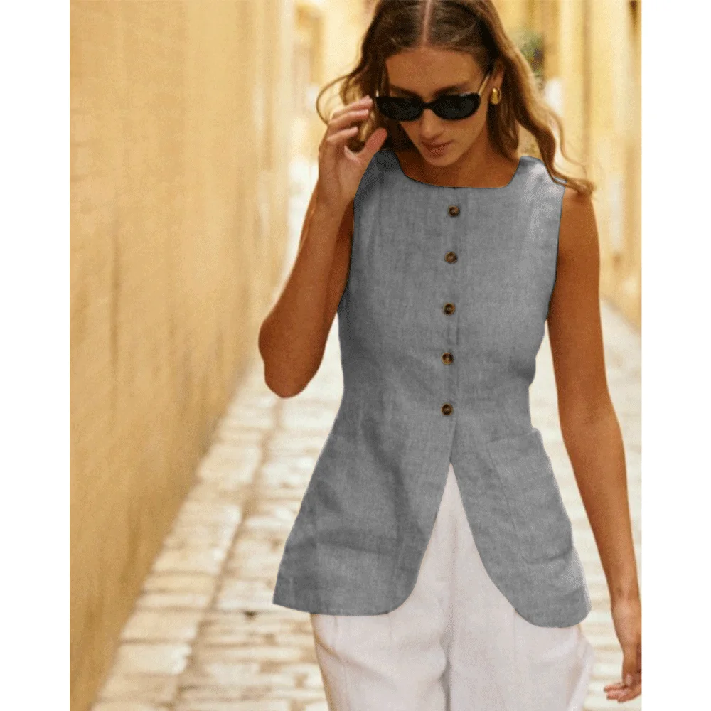 Zomer Damesvest Linnen Lichtgewicht Casual Dames Mouwloos Vest Single Breasted Vrouwelijke Top Chique Kleding Nieuwe Stijl