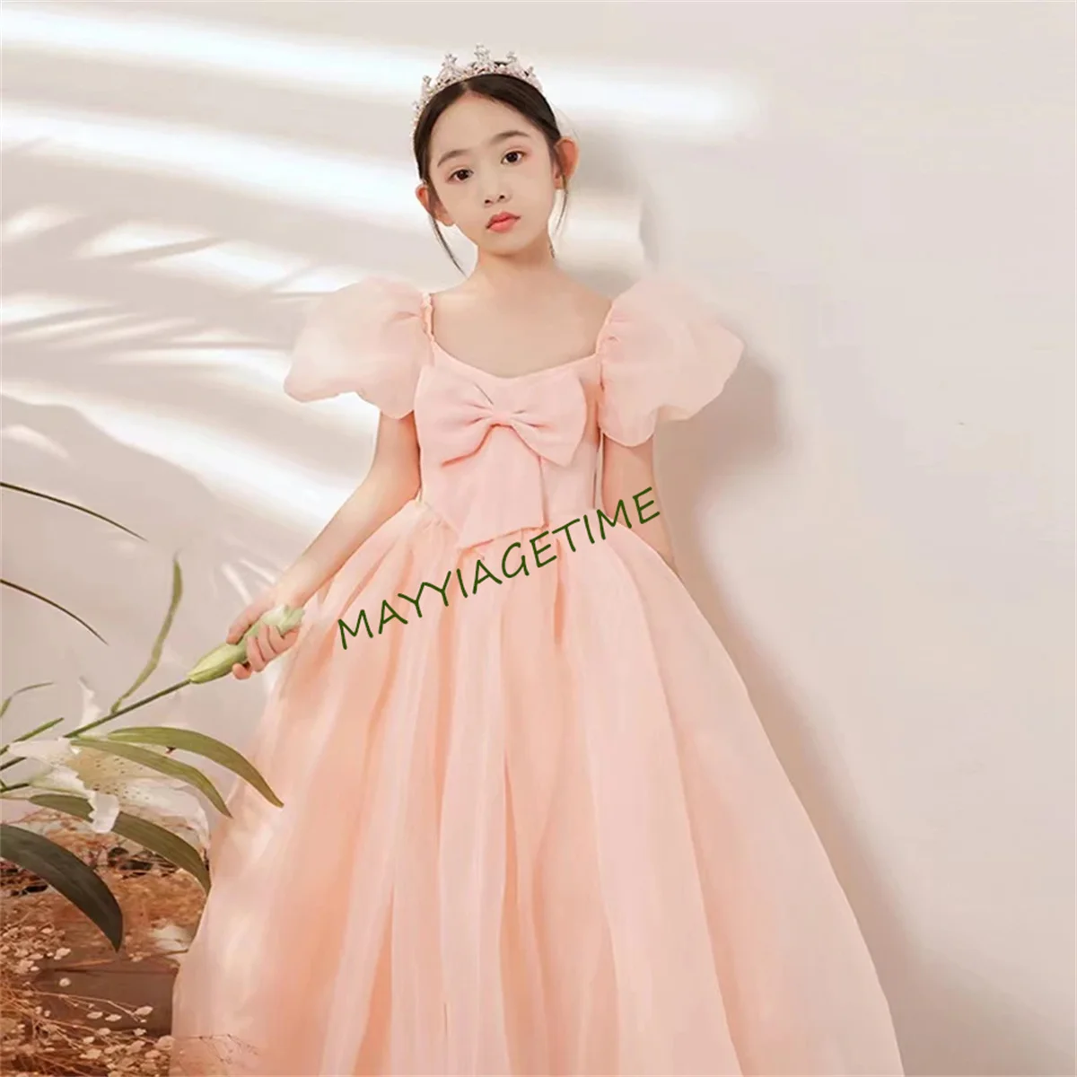 Lovely Pink Short Puff Sleeves Flower Girl Dresses For Wedding 2023 Formal Pageant Birthday Party First Communion Gowns For Kids