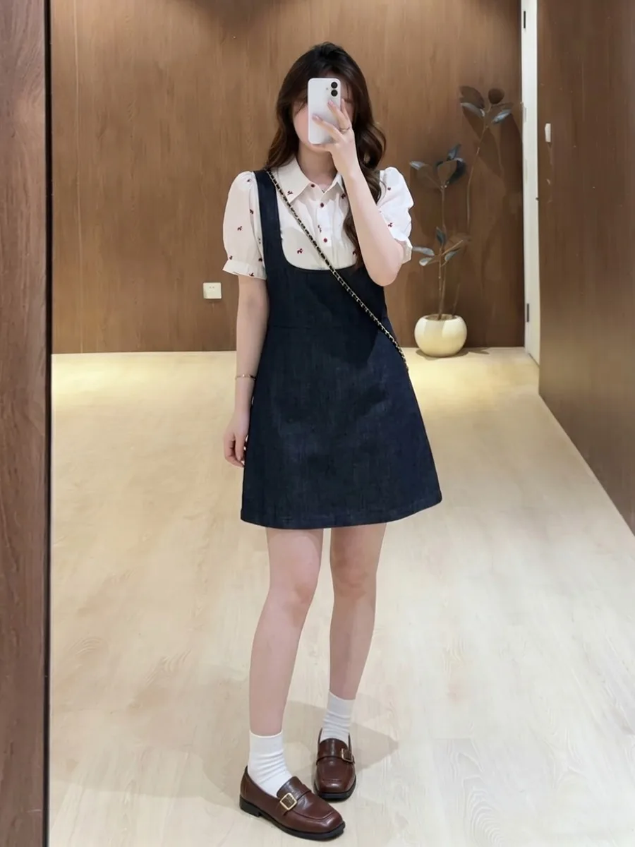 

plus Size Summer Casual Denim Halter Neck Shirt Women's Dress Two-Piece Set Breathable Short Sleeve Floral Print Bubble Sleeve