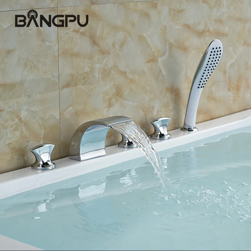 

Bathroom Tub Faucet with Hand Shower Roman Bathtub Faucet Set Deck Mounted 5 Hole Bath Tub Faucet with Handheld Shower Chrome