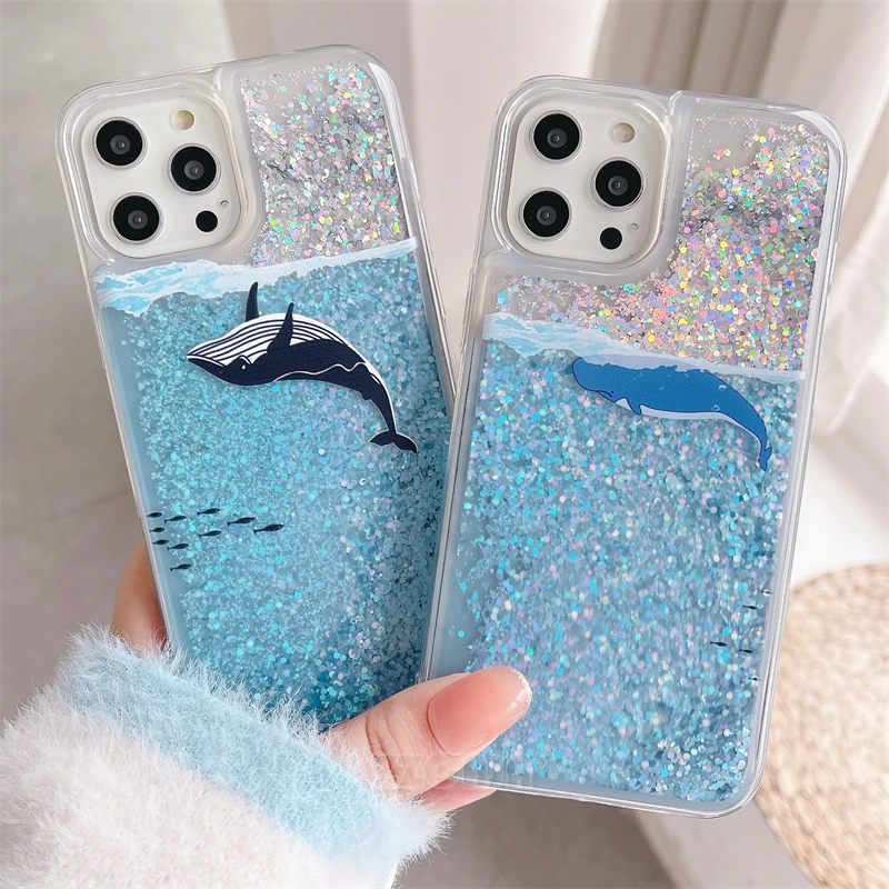 Whale Dolphin For Samsung Galaxy S24 Ultra S23 FE 5G S22 S21 S20 S10 Plus Note 20 10 9 8 Case Glitter Liquid Quicksand Cover Bag