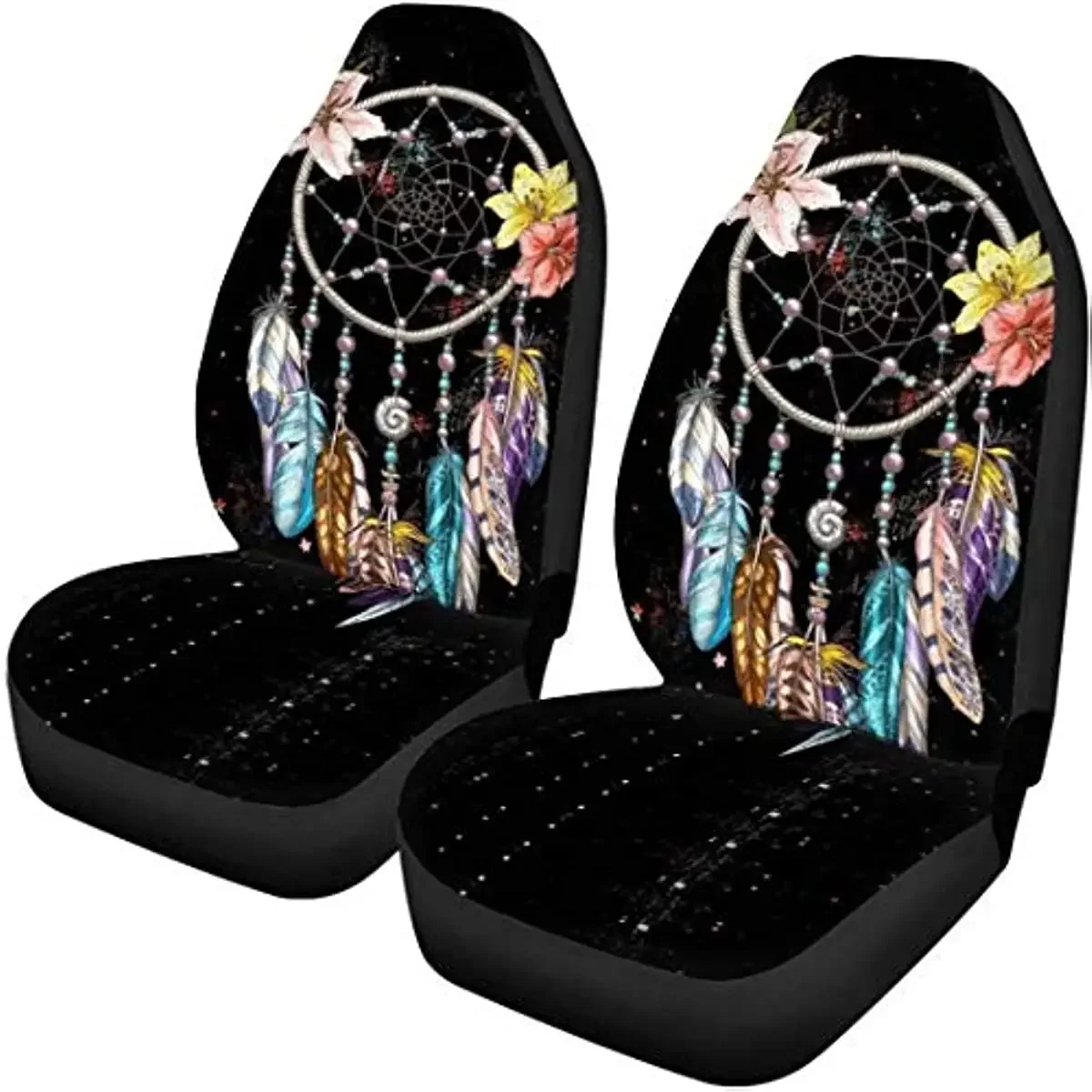 Binienty Colors Feather Print Car Seat Cover, Indian Talisman Dream Catcher Pattern 2 Pieces Universal Fit Auto Bucket Seat Prot