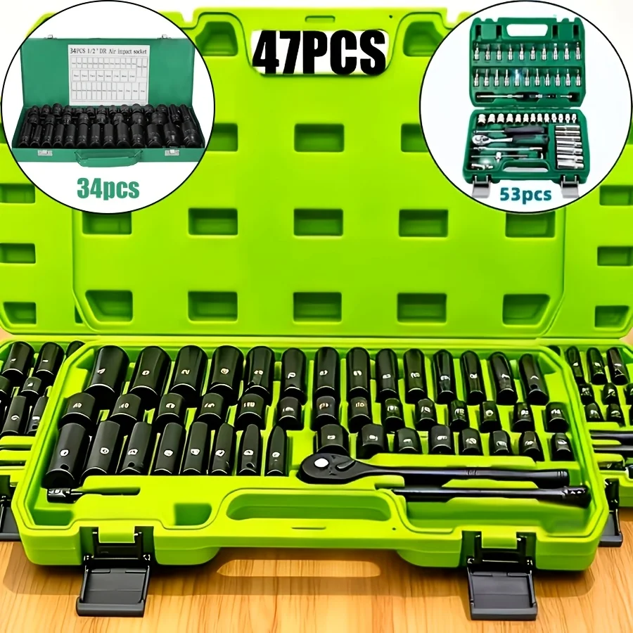 47-piece impact socketset(3/8-inch drive,available in SAE (5/16-inch to3/4-inch) and metric (8 to22 mm) sizes, hexagonal design.