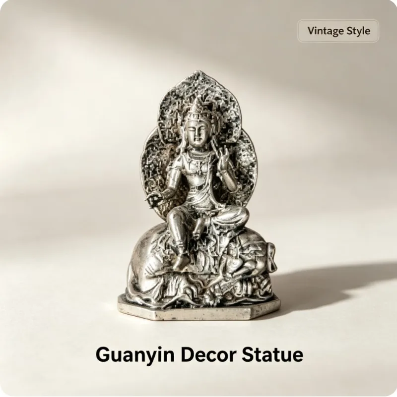Vintage Guanyin Decorative Figurine Resin Sitting Statue Silver Tone Backplate Craft Ornament for Home Desktop Shelf Decor Gift