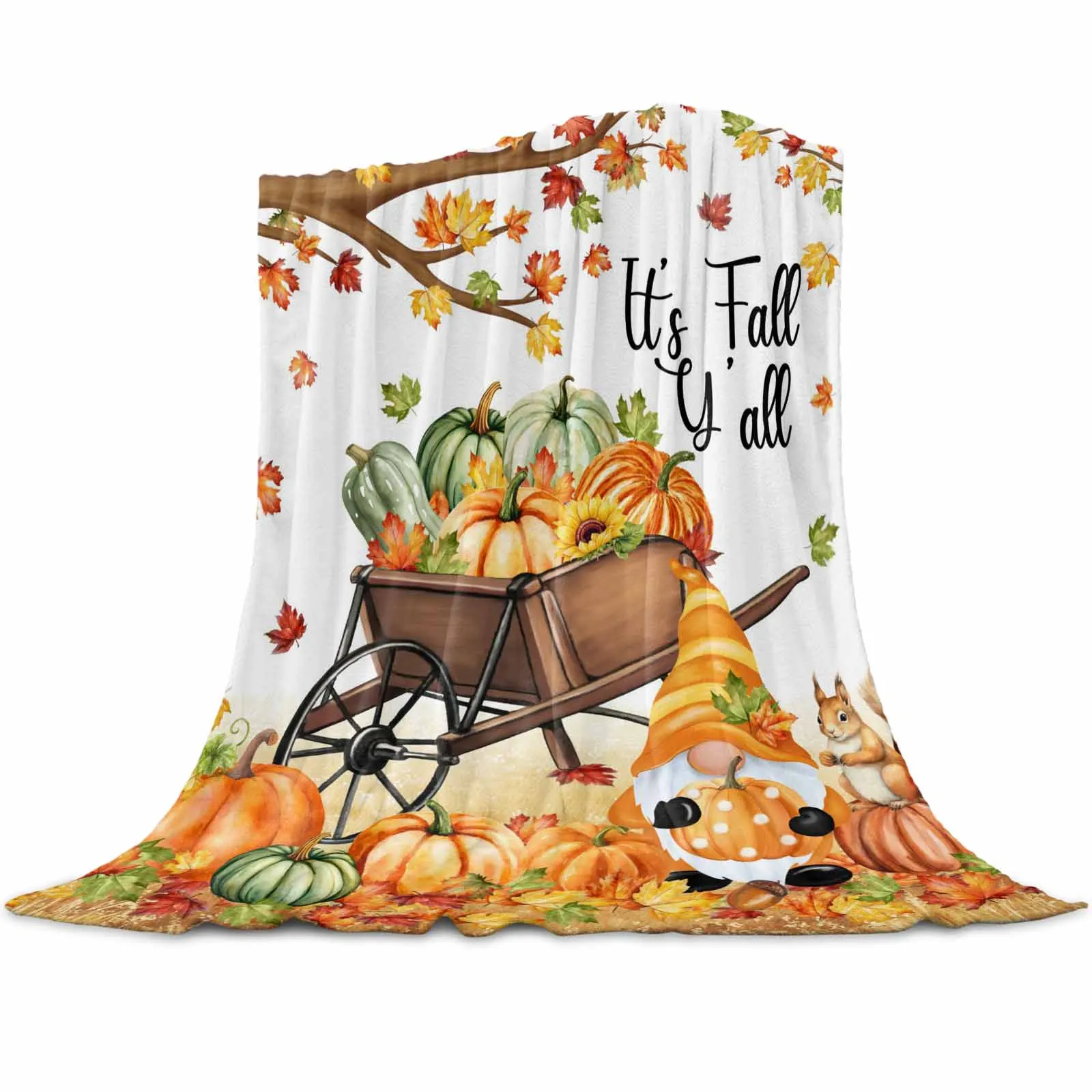 

Country Squirrel Gnome Pumpkin Cart Throws Blankets for Sofa Bed Winter Soft Plush Warm Family Friends Holiday Gifts