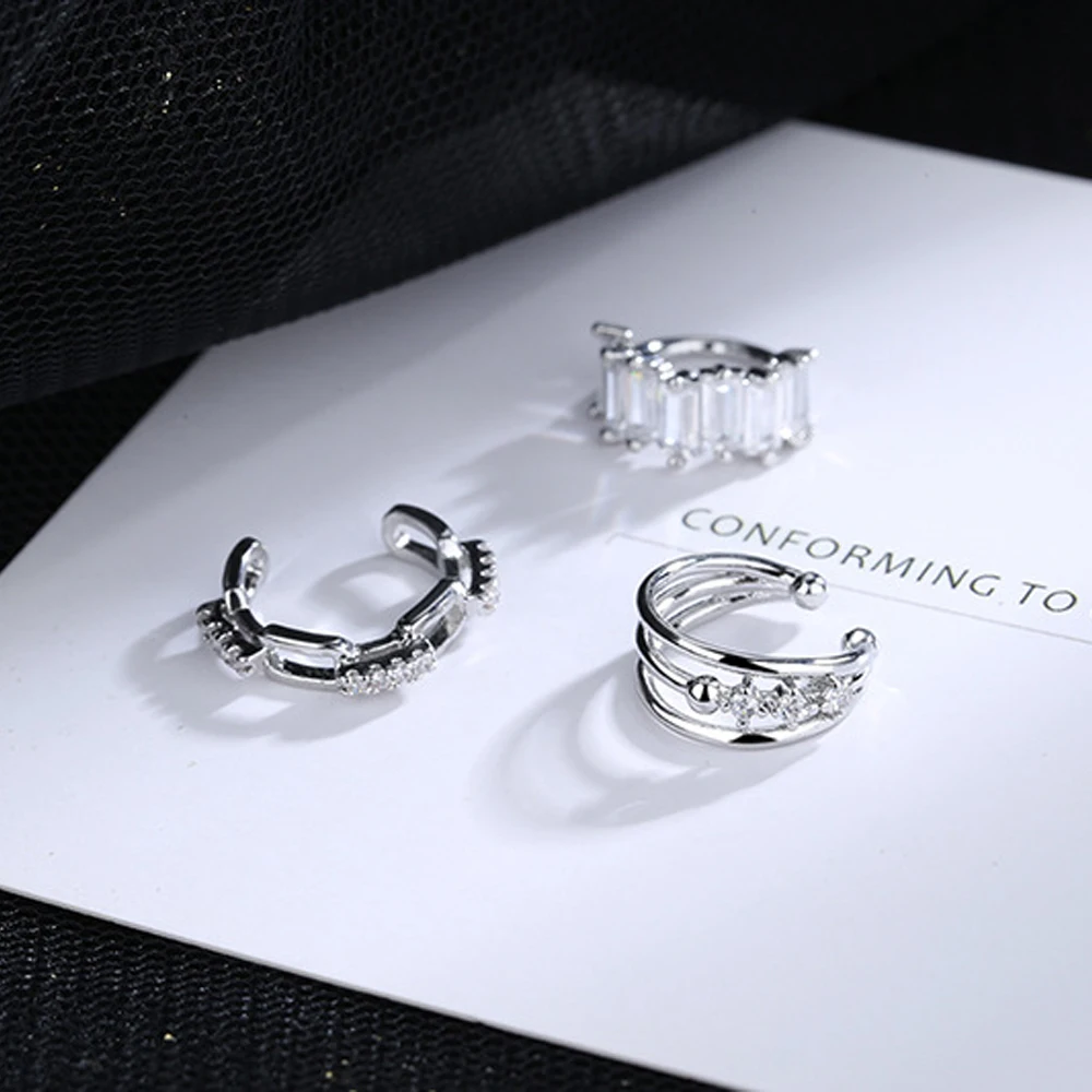 Elegant Hip hop Crystal Punk S925 Girls Ear Bone Clip Multi-layer Non Piercing Ear Clips Ear Cuffs