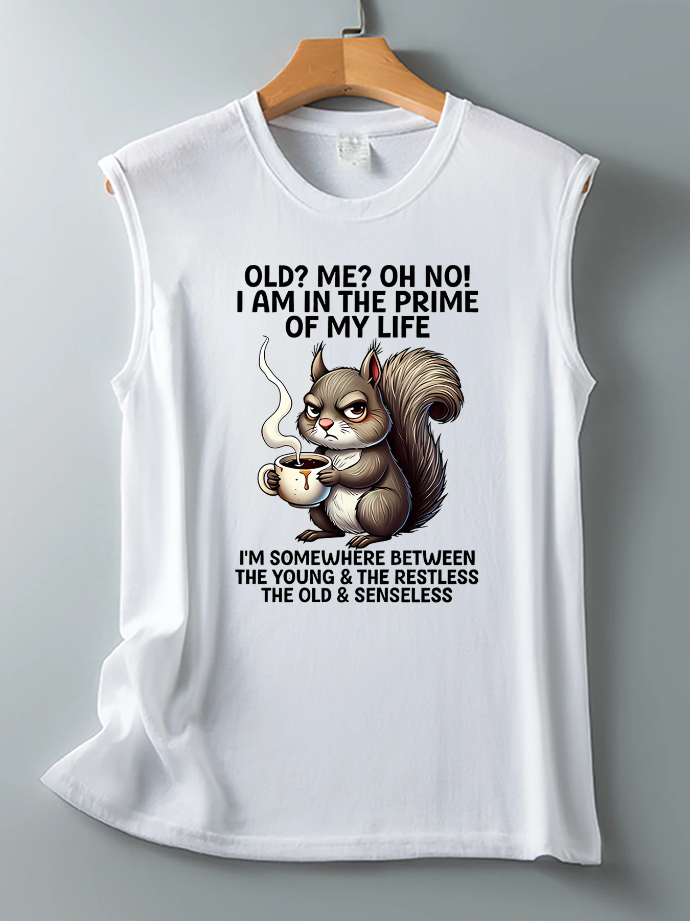 Lady proudly sips coffee. Squirrel-themed humorous self-mockery. English text print. Round neck, sleeveless top.