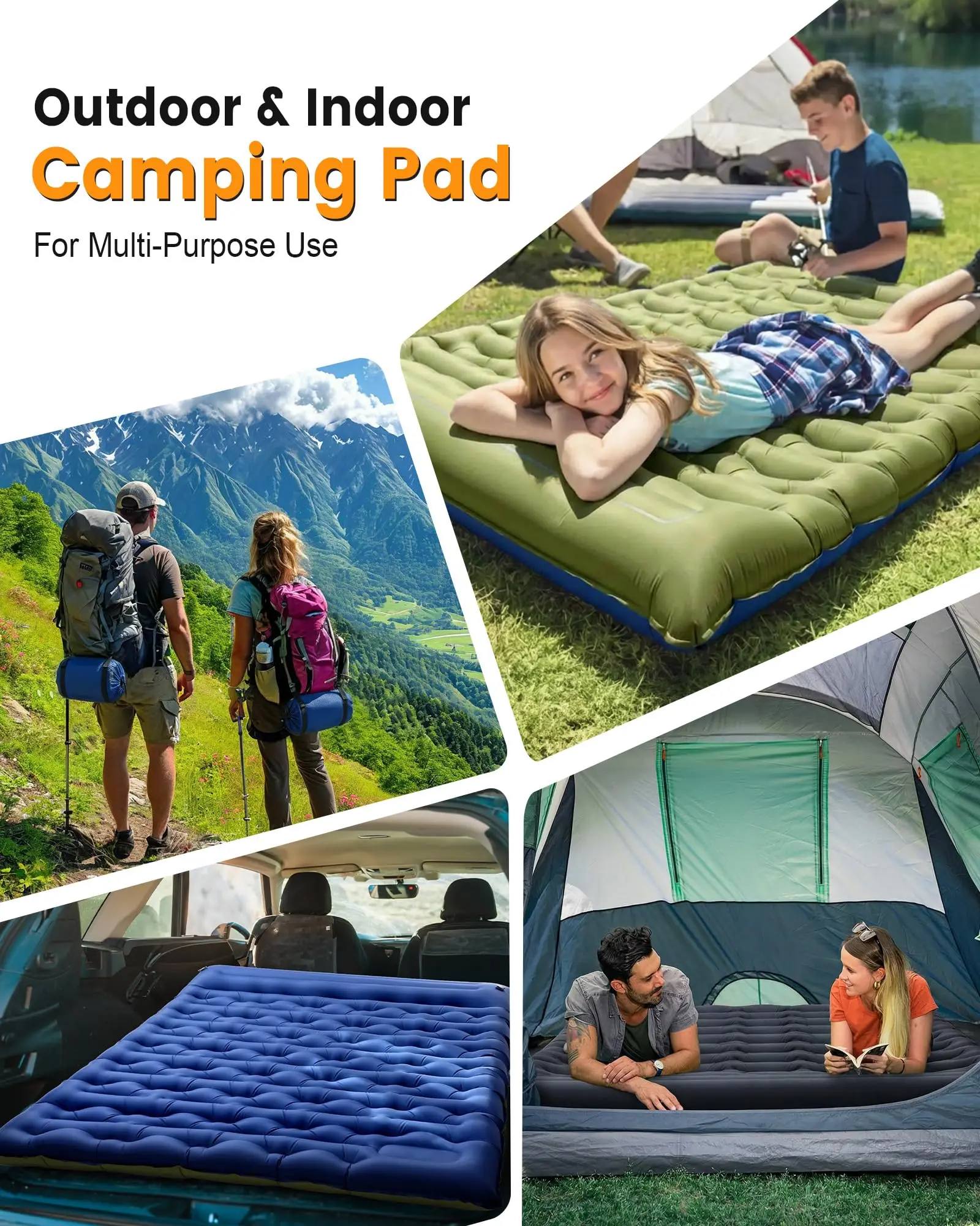 Thick Inflatable Camping Sleeping Pad with Built-in Pillow & Foot Pump, Portable Lightweight Waterproof Air Mattress, Foldable O view 4