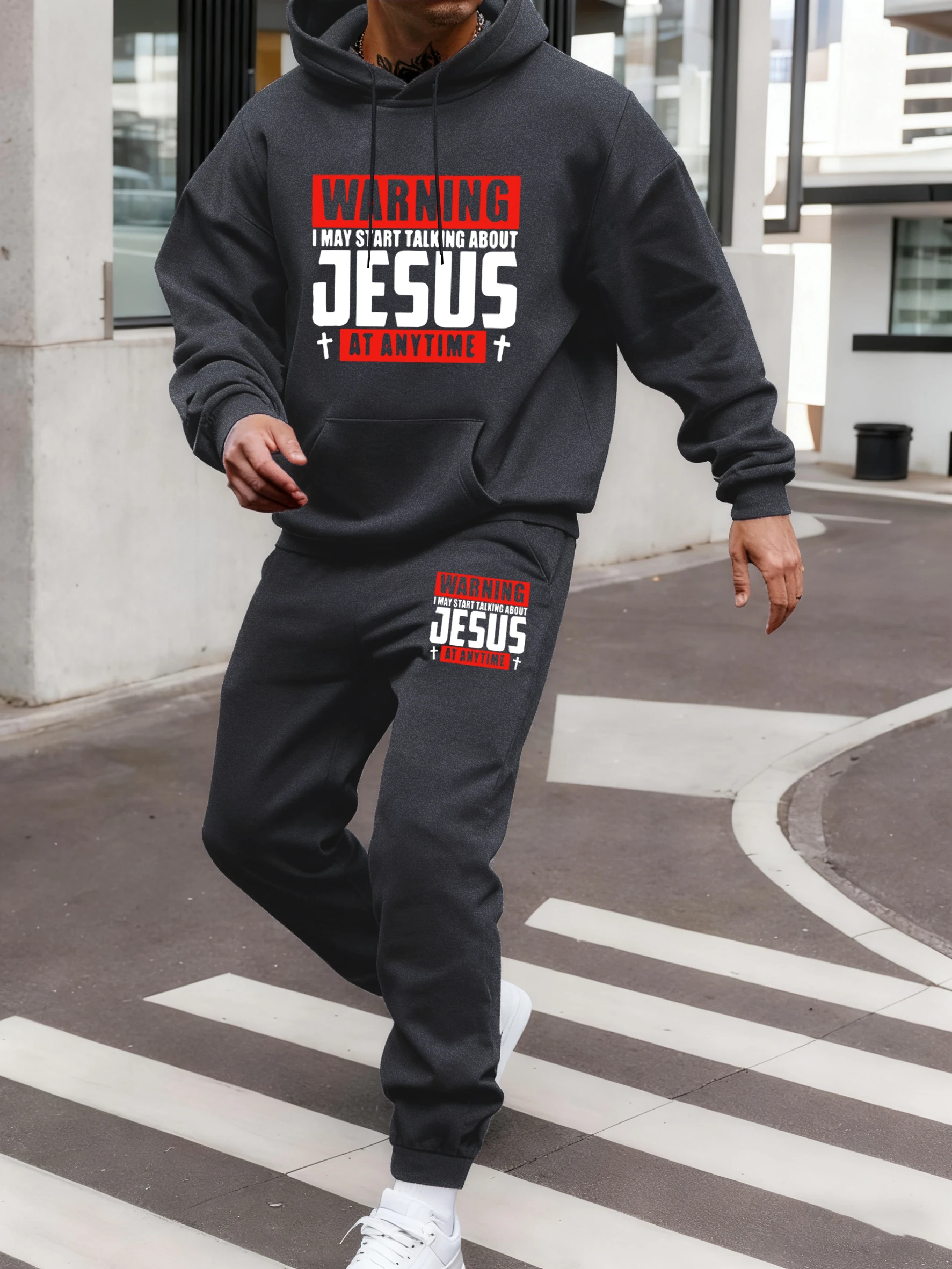 

I May Start Talking About Jesus Print Man Pullover All-Match Fleece Hoody Set Autumn Jogging Pants Pocket Sports Mens Clothes