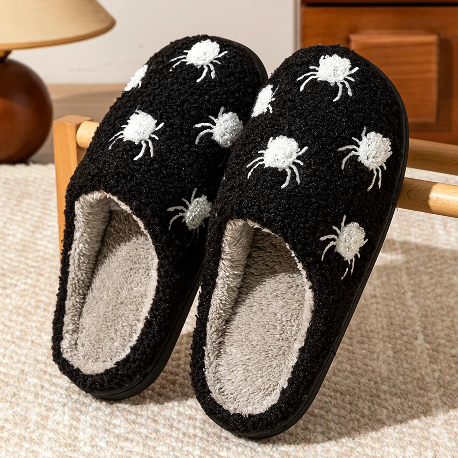 Fashion Winter Women Halloween Cute Little Spider Slippers Indoor Warm Comfy Soft Non Slip Leisure Bedroom Exquisite Plush Shoes