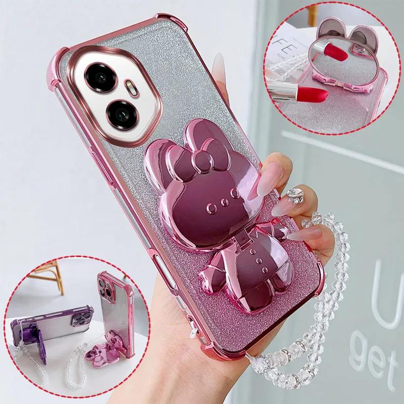 Luxuriöse Stoßfeste Handyhülle mit Niedlichem Hasen-Motiv, Drehbarem Ständer und Kristall-Lanyard für Honor 300 Pro Ultra 300Pro Rückseite