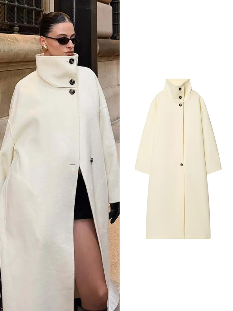 

Casual Women Stand Collar Woolen Long Coat Elegant Solid Long Sleeve Single Breasted Jacket Autumn Winter New Female Coats