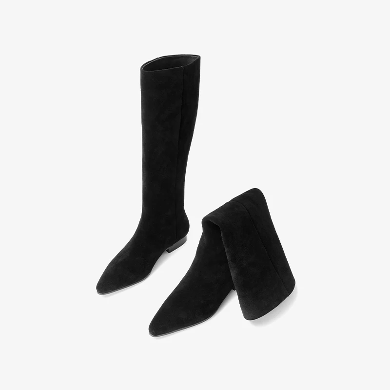 BEAUTODAY Long Boots Women Genuine Cow Suede Leather Pointed Toe Solid Color Slip-on Boots Ladies Shoes Handmade 01288