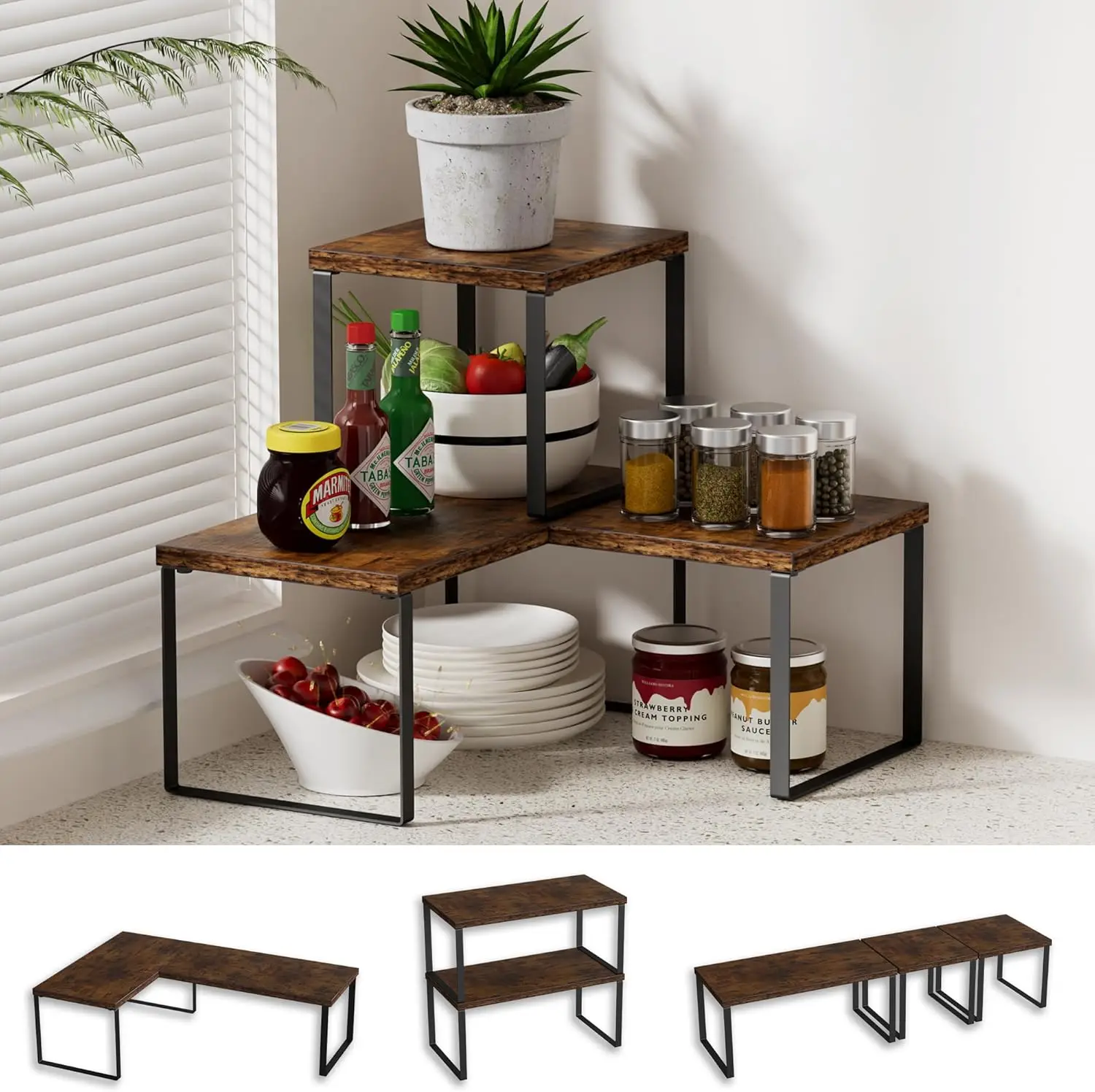 

Countertop Organizer Corner Shelf, 2 Tier Adjustable Stackable Corner Shelves for Kitchen, Bathroom, Spice Rack, Coffee