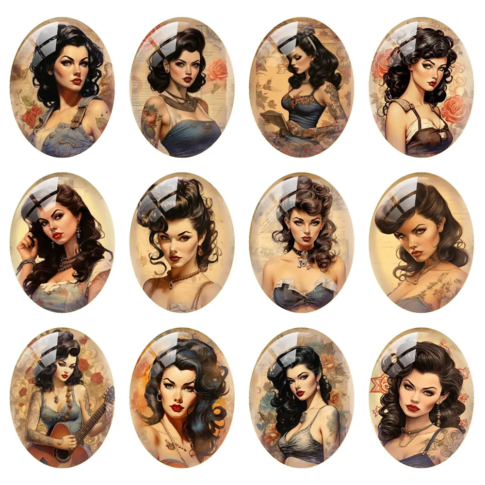 Random Mixed Round/Oval/Square Vintage Tattooed Lady Girl Flower Photo Glass Cabochon Flatback Demo Cameo For Diy Jewelry Making