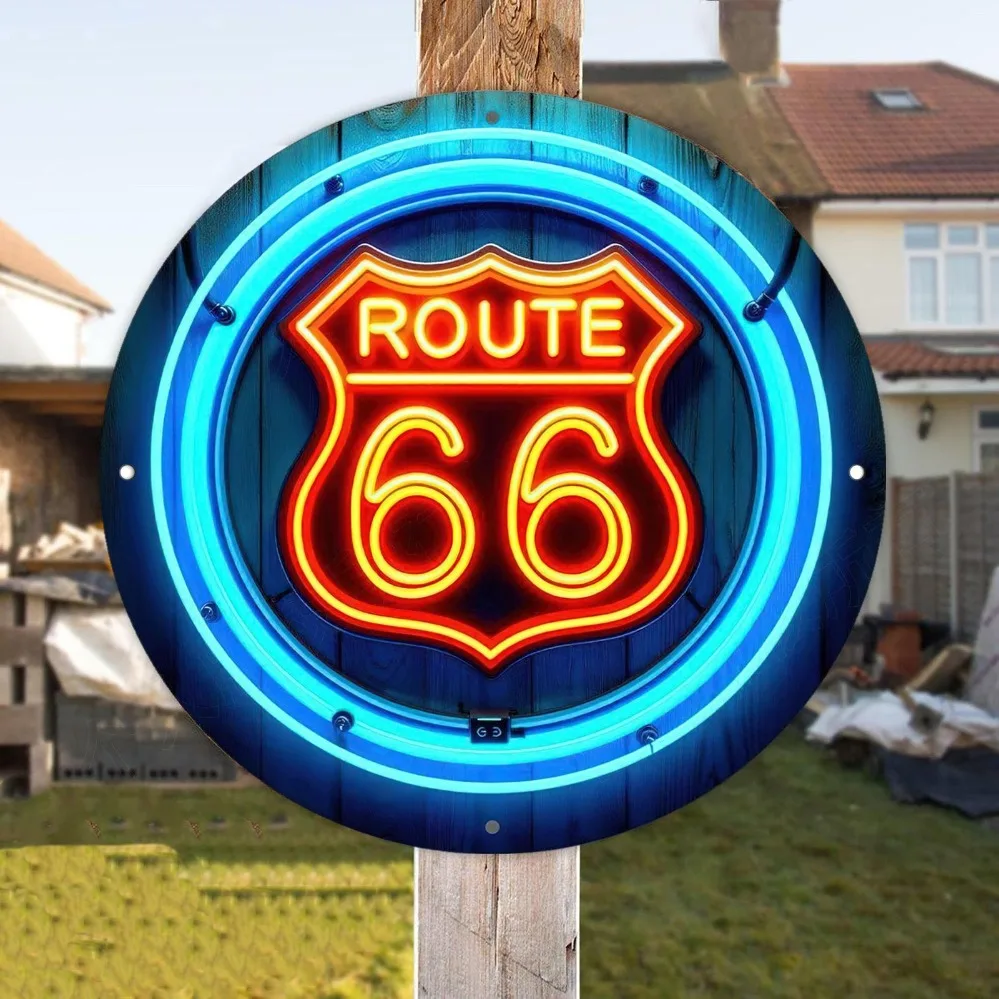 Vintage 66 Route Metal Wall Sign - 7.87" Neon Blue Orange LED Light Round Aluminum Decor for Home Bar Garage