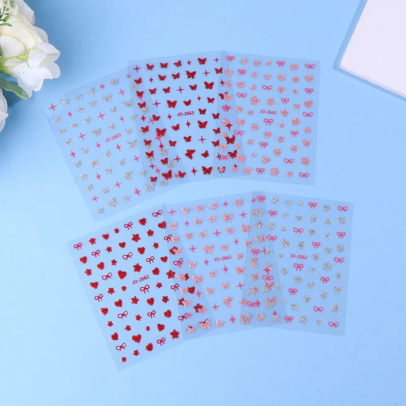 Pink Butterfly Butterfly Bow Nail Stickers Shiny Laser 3D Butterflies Nail Decals Adhesive Butterfly