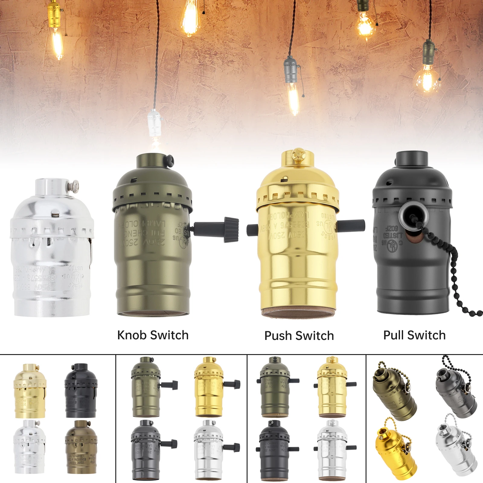 E26/ E27 Pull Chain Lamp Socket Replacement Light Bulb Socket for Table and Floor Lamps, Knob/Pull/Push Switch Chain Lamp Socket