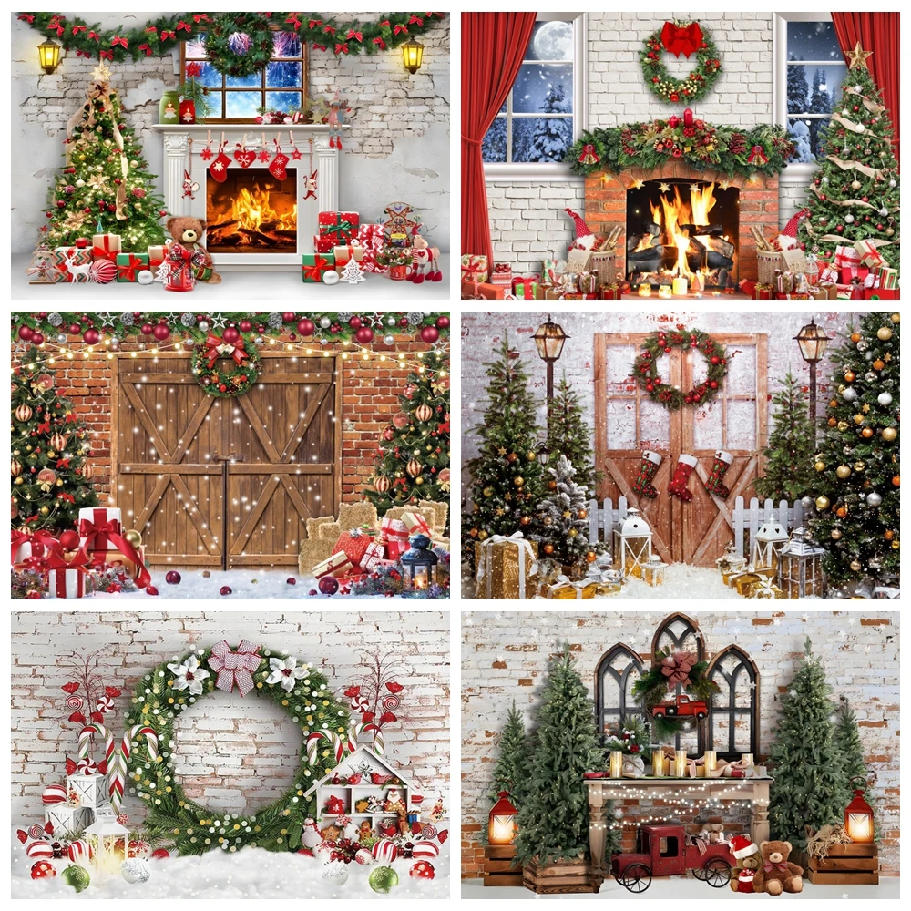 

Brick Wall Christmas Backdrop Xmas Tree Snow Winter Fireplace Wood Door Wreath Child Portrait Photography Background Photoshoot