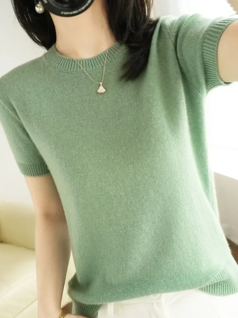 2024 Fashion Knitted Women's Sweater Pullover Round Neck Autumn Summer Basic Cotton Slim Fit High Quality Solid Color Top