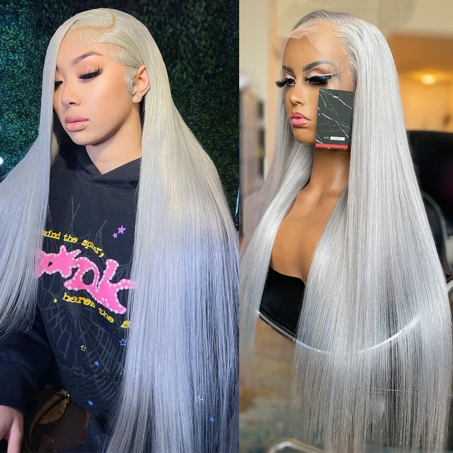 Silver Grey Lace Front Human Hair Wigs For Women 13x6 Hd Transparent Lace Frontal Wig Pre Plucked Bone Straight Gray Color Hair image 2