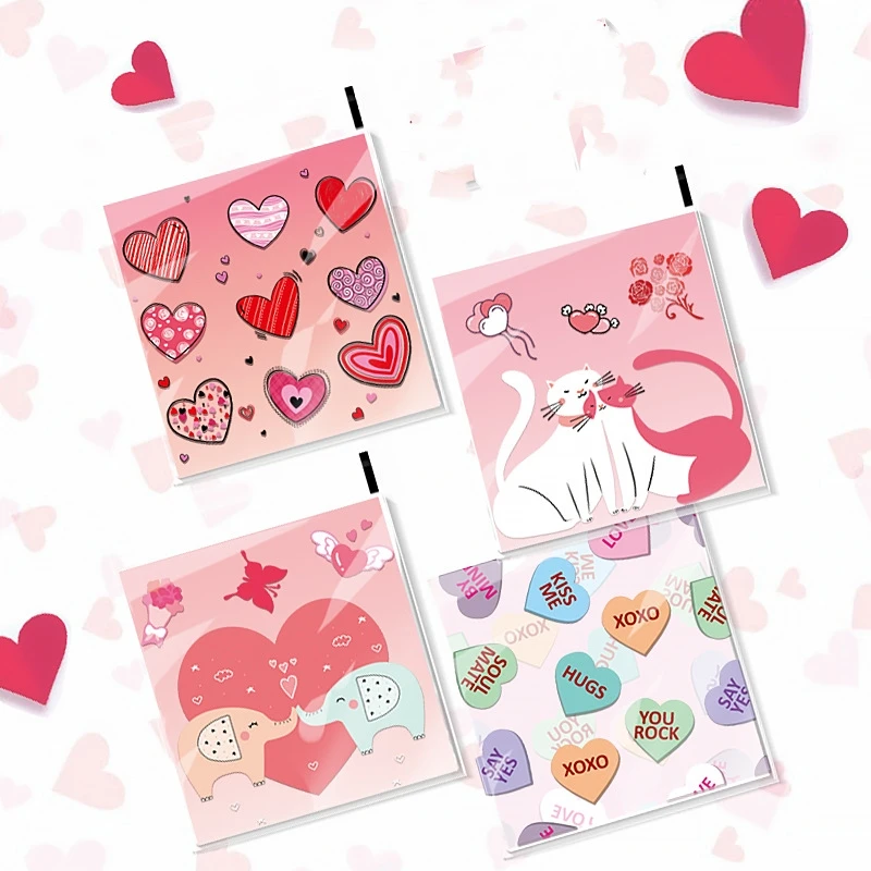 100pcs 10x10cm Mix Valentine Cellophane Bags Cookie Treat Bags Heart Self-Adhesive Clear Plastic Candy Pouch Jewelry Display
