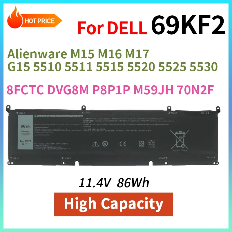 69KF2 Laptop Battery for Dell G15 5510 5511 5515 5520 5521 5525 5530 11.4V 86Wh High Capacity Li-ion Replacement Battery Pack
