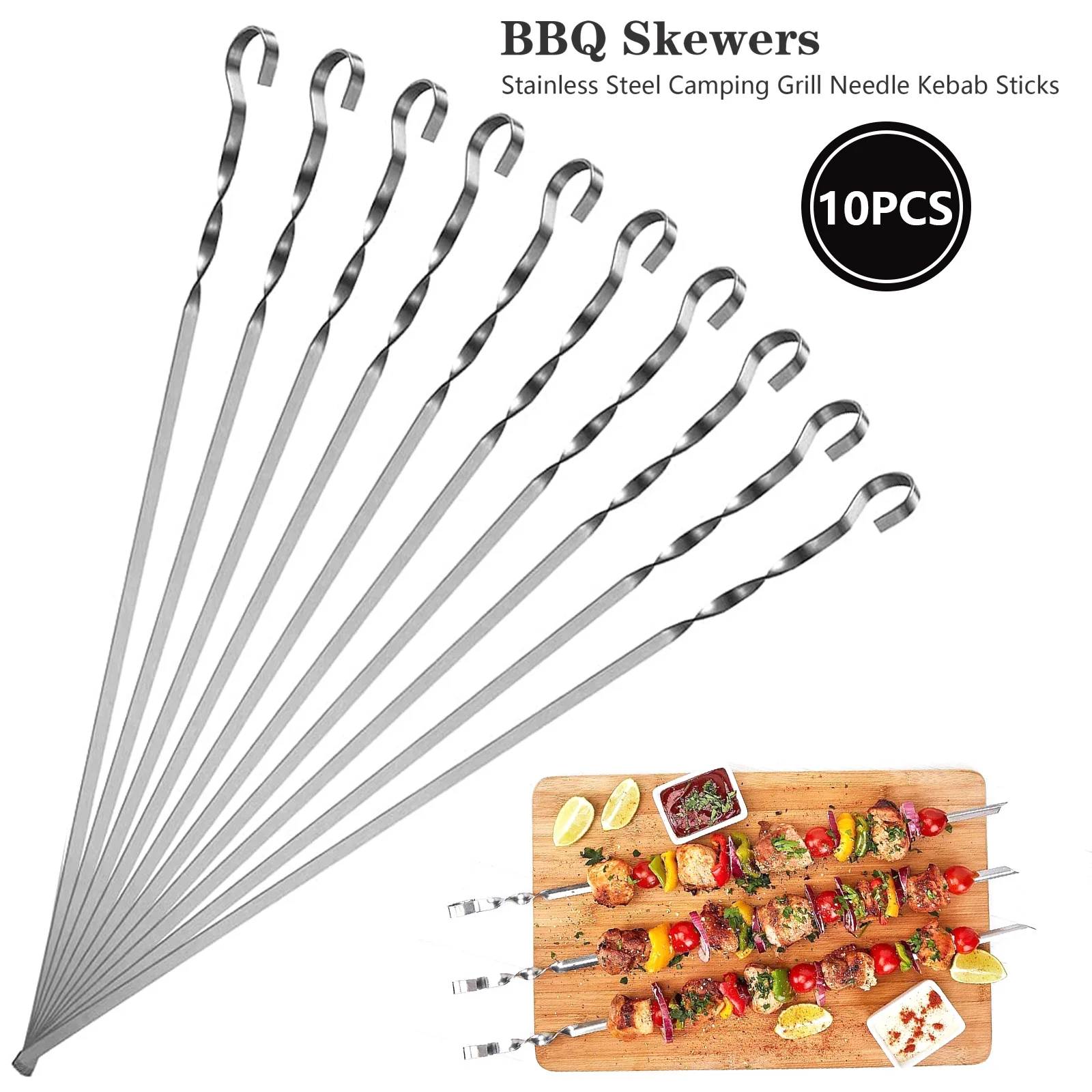 10Pcs Stainless Steel Barbecue Skewer Reusable BBQ Skewers Kebab Iron Stick For Outdoor Camping Picnic Tools Cooking Tools