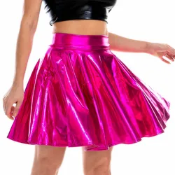 Women Sexy Metallic Mini Pleated Skirt Laser PU Leather Shiny Umbrella Skirt Club Party Hip Hop Jazz Dance Costumes Streetwear