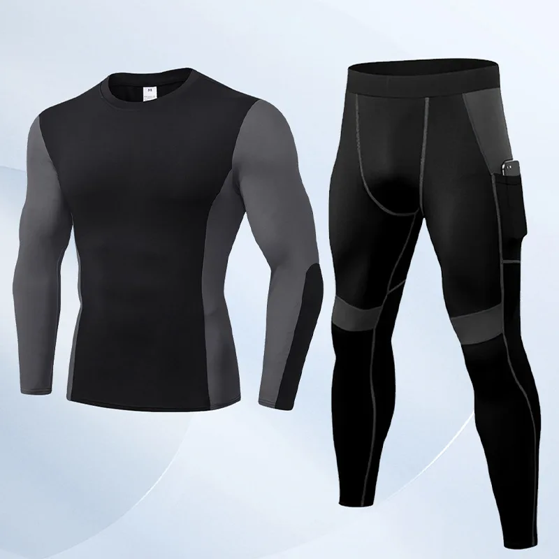 Outdoor Mens Breathable Athletic 2 Piece Set Gym Workout Running Sportswear Long Sleeve Compression Shirt Pants Sweatpants