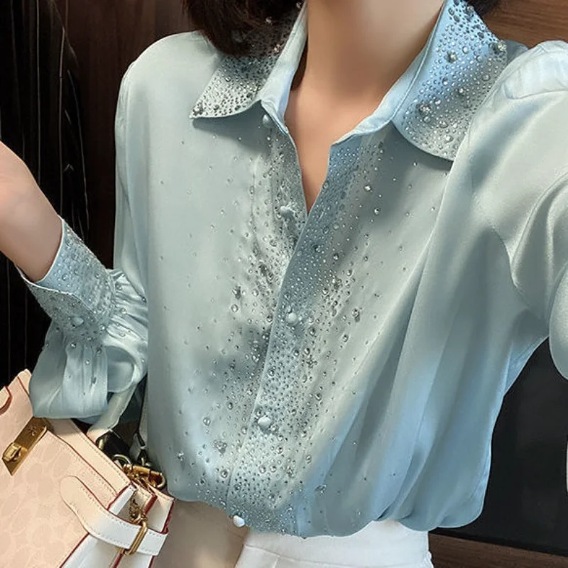 

Women Glossy Beaded Chiffon Shirts Spring Sequined Hot Drilling Diamonds Blouse Sequined Cardigan OL Crop Tops Blusas Mujer 2022