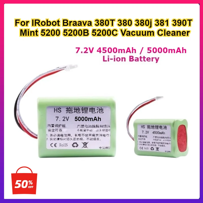 

Литий-ионный аккумулятор 7,2 В, 4500/5000 мАч для iRobot Braava 380T 390T 381 Mint 5200 5200B, замена пылесоса