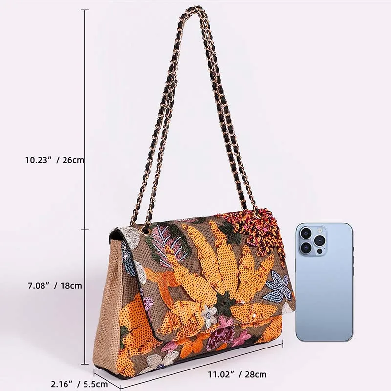 HIGHFOCAL Women Straw Sequin Underarm Flower Pattern Bag Large Capacity New Style Braided Chain Crossbody Border Shoulder Bag C1